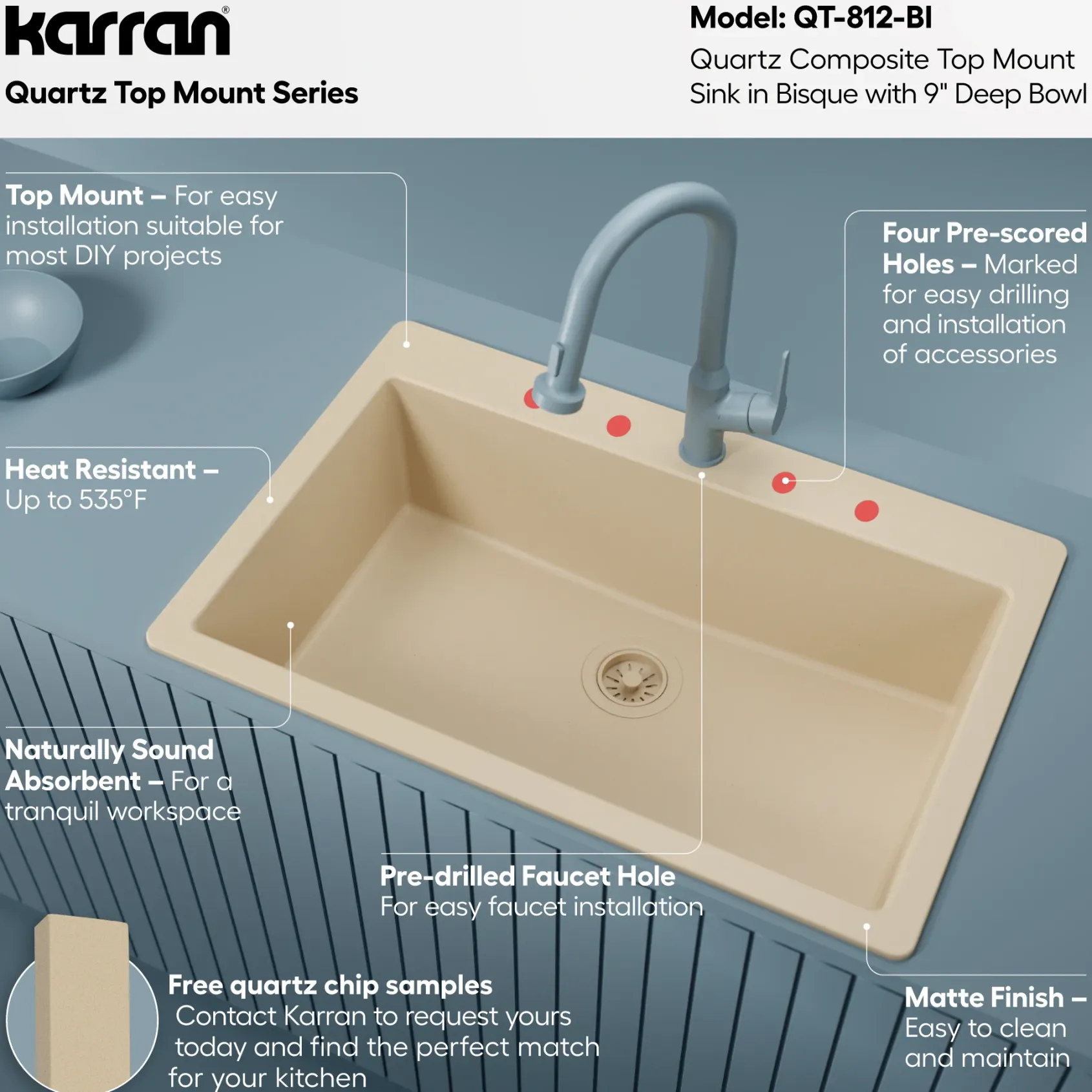 Karran 33" Drop In/Topmount Quartz Composite Kitchen Sink, Bisque, QT-812-BI