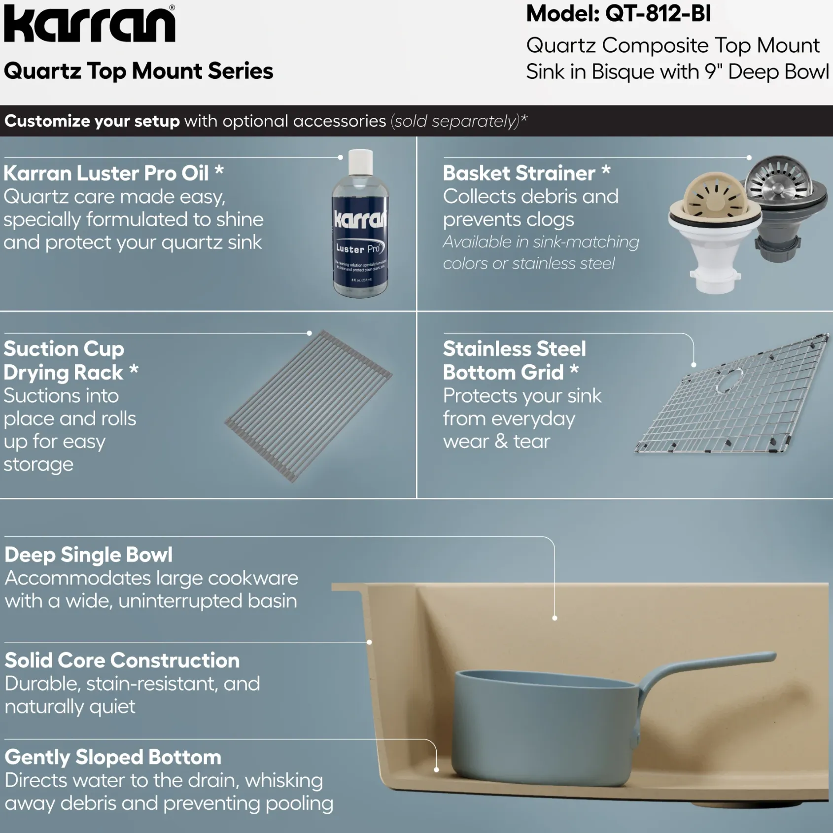 Karran 33" Drop In/Topmount Quartz Composite Kitchen Sink, Bisque, QT-812-BI