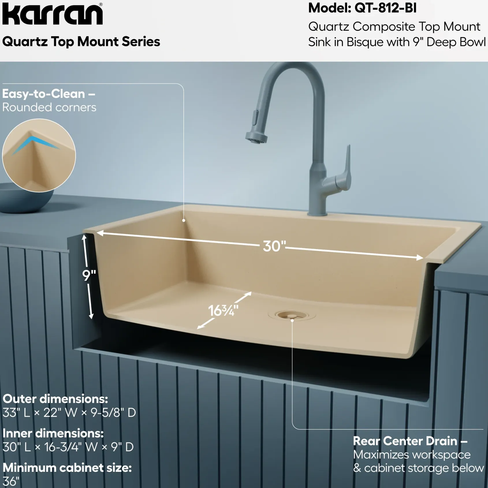 Karran 33" Drop In/Topmount Quartz Composite Kitchen Sink, Bisque, QT-812-BI