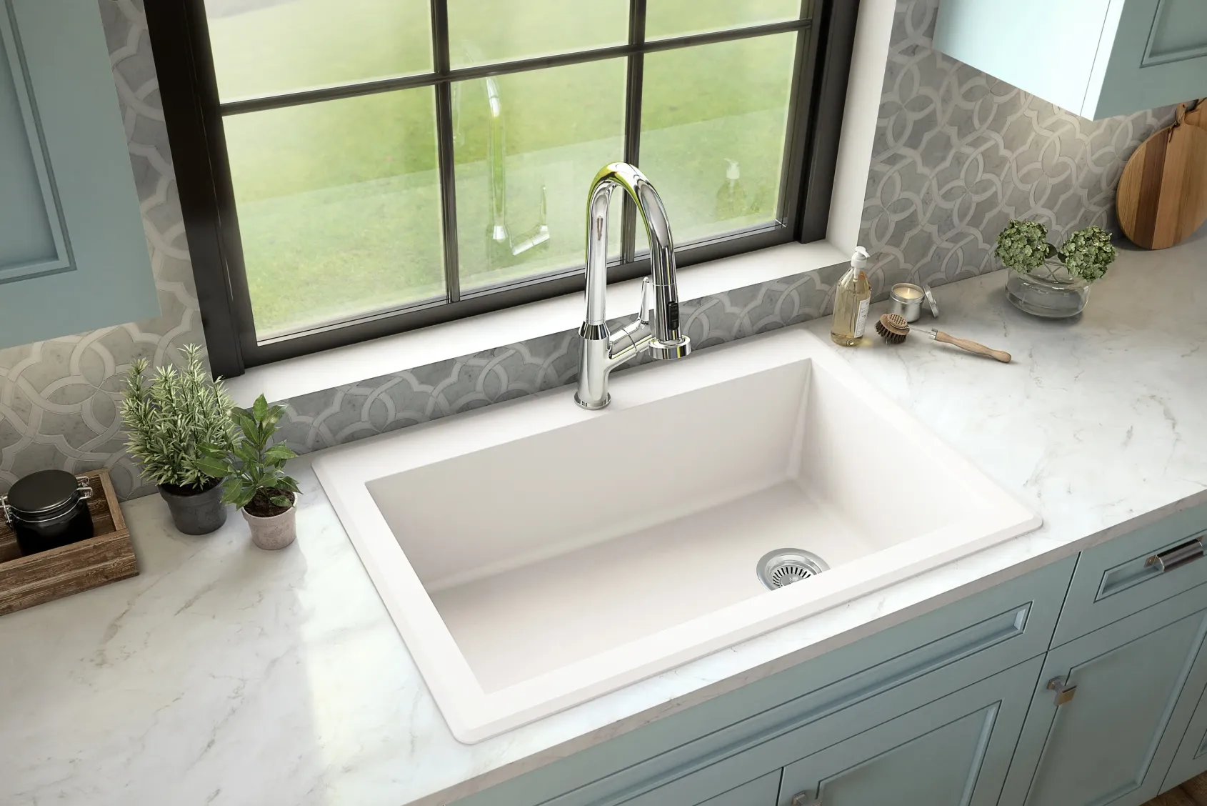Karran 33" Drop In/Topmount Quartz Composite Kitchen Sink, White, QT-670-WH