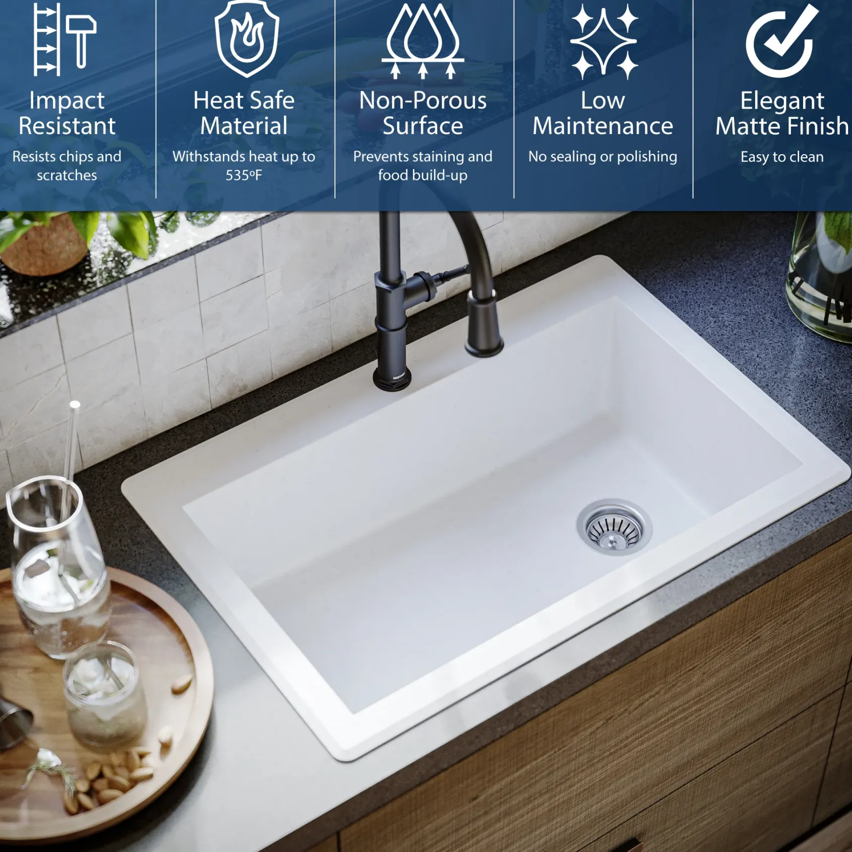 Karran 33" Drop In/Topmount Quartz Composite Kitchen Sink, White, QT-670-WH
