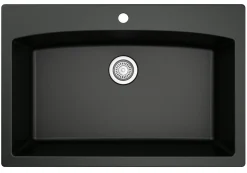 Karran 33" Drop In/Topmount Quartz Composite Kitchen Sink with Stainless Steel Faucet and Accessories, Black, QT712BL210SS