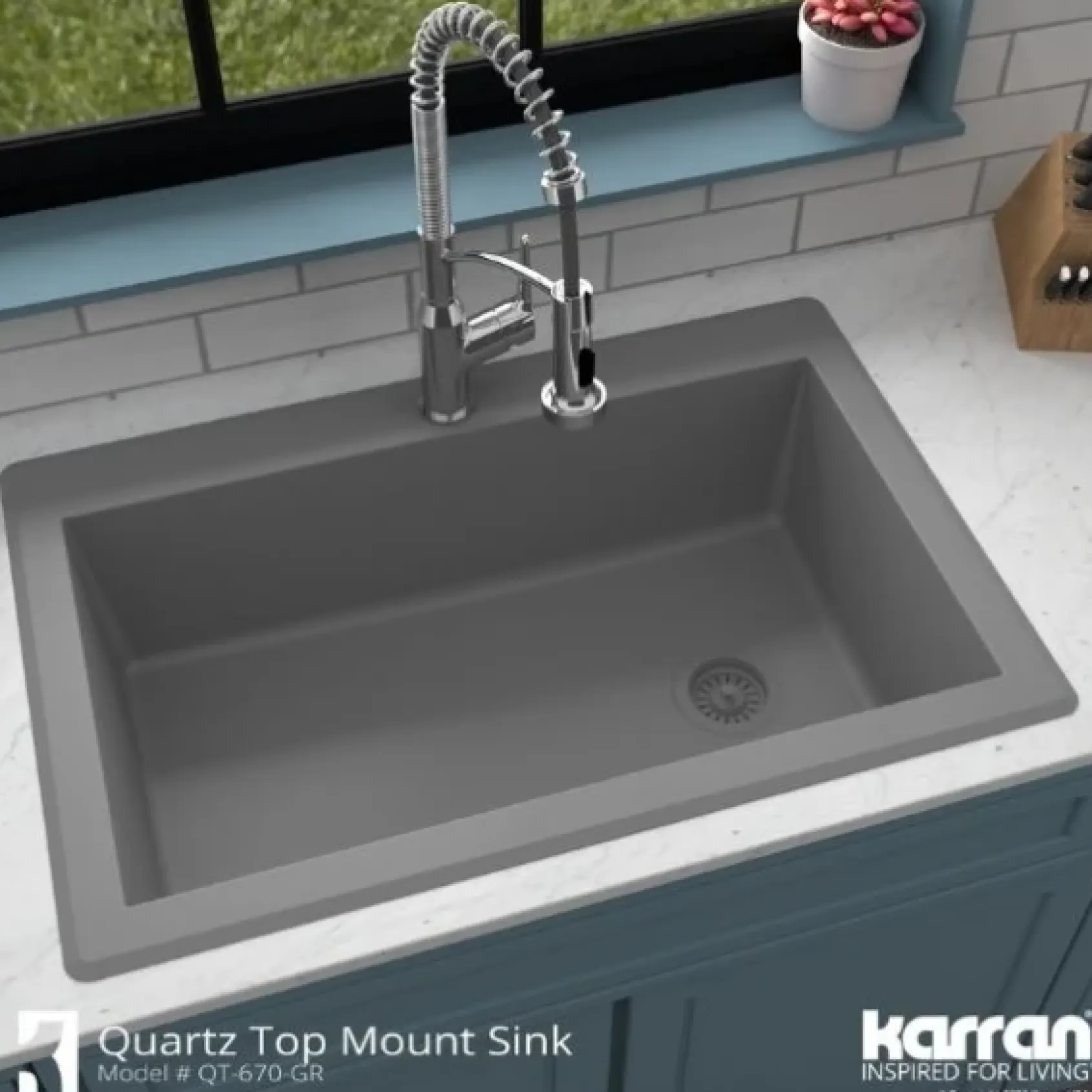 Karran 33" Drop In/Topmount Quartz Composite Kitchen Sink, Grey, QT-670-GR