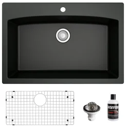 Karran 33" Drop In/Topmount Quartz Composite Kitchen Sink, Black, QT-712-BL-PK1