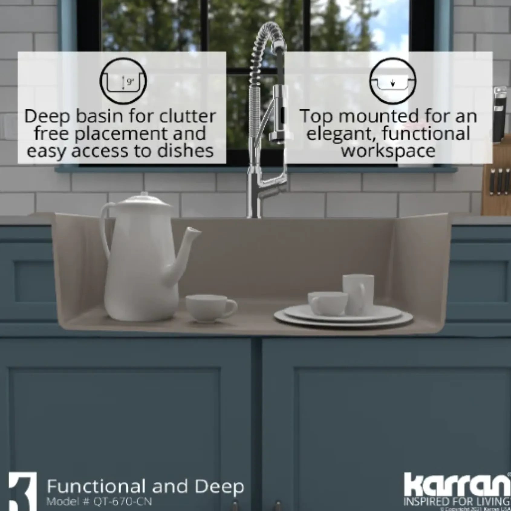 Karran 33" Drop In/Topmount Quartz Composite Kitchen Sink, Concrete, QT-670-CN-PK1