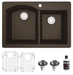 Karran 33" Drop In/Topmount Quartz Composite Kitchen Sink, 60/40 Double Bowl, Brown, QT-610-BR-PK1