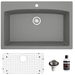 Karran 33" Drop In/Topmount Quartz Composite Kitchen Sink, Grey, QT-712-GR-PK1