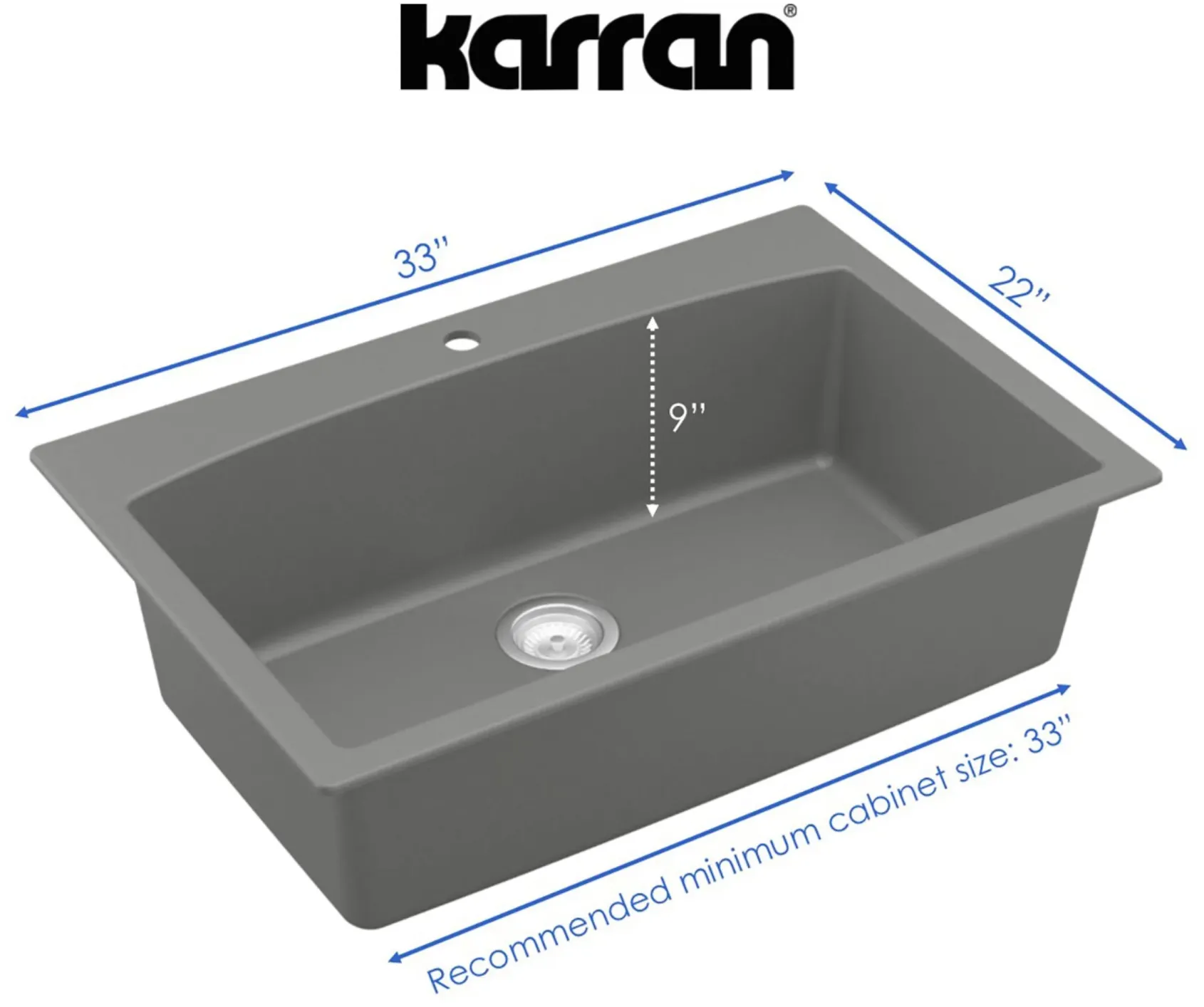 Karran 33" Drop In/Topmount Quartz Composite Kitchen Sink, Grey, QT-712-GR-PK1