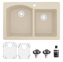 Karran 33" Drop In/Topmount Quartz Composite Kitchen Sink, 60/40 Double Bowl, Bisque, QT-610-BI-PK1