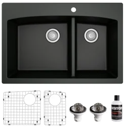 Karran 33" Drop In/Topmount Quartz Composite Kitchen Sink, 60/40 Double Bowl, Black, QT-711-BL-PK1