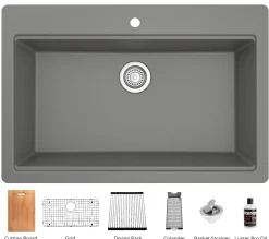Karran 33" Drop In/Topmount Quartz Composite Workstation Kitchen Sink with Accessories, Grey, QTWS-875-GR
