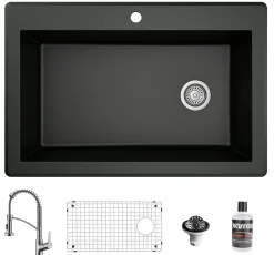Karran 33" Drop In/Topmount Quartz Composite Kitchen Sink with Stainless Steel Faucet and Accessories, Black, QT670BL210SS