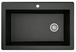 Karran 33" Drop In/Topmount Quartz Composite Kitchen Sink with Stainless Steel Faucet and Accessories, Black, QT670BL210SS