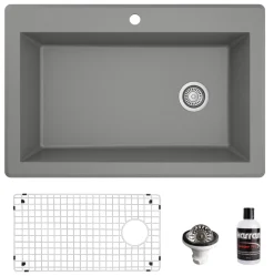Karran 33" Drop In/Topmount Quartz Composite Kitchen Sink, Grey, QT-670-GR-PK1