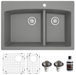 Karran 33" Drop In/Topmount Quartz Composite Kitchen Sink, 60/40 Double Bowl, Grey, QT-711-GR-PK1