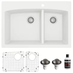 Karran 33" Drop In/Topmount Quartz Composite Kitchen Sink, 60/40 Double Bowl, White, QT-711-WH-PK1