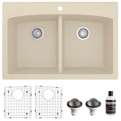 Karran 33" Drop In/Topmount Quartz Composite Kitchen Sink, 50/50 Double Bowl, Bisque, QT-710-BI-PK1