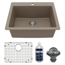 Karran 25" Drop In/Topmount Quartz Composite Kitchen Sink with Accessories, Concrete, QT-820-CN-PK1