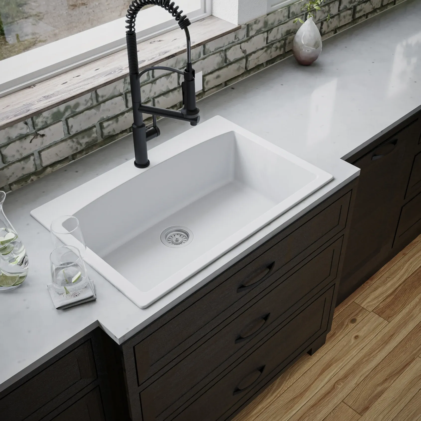 Karran 33" Drop In/Topmount Quartz Composite Kitchen Sink, White, QT-712-WH