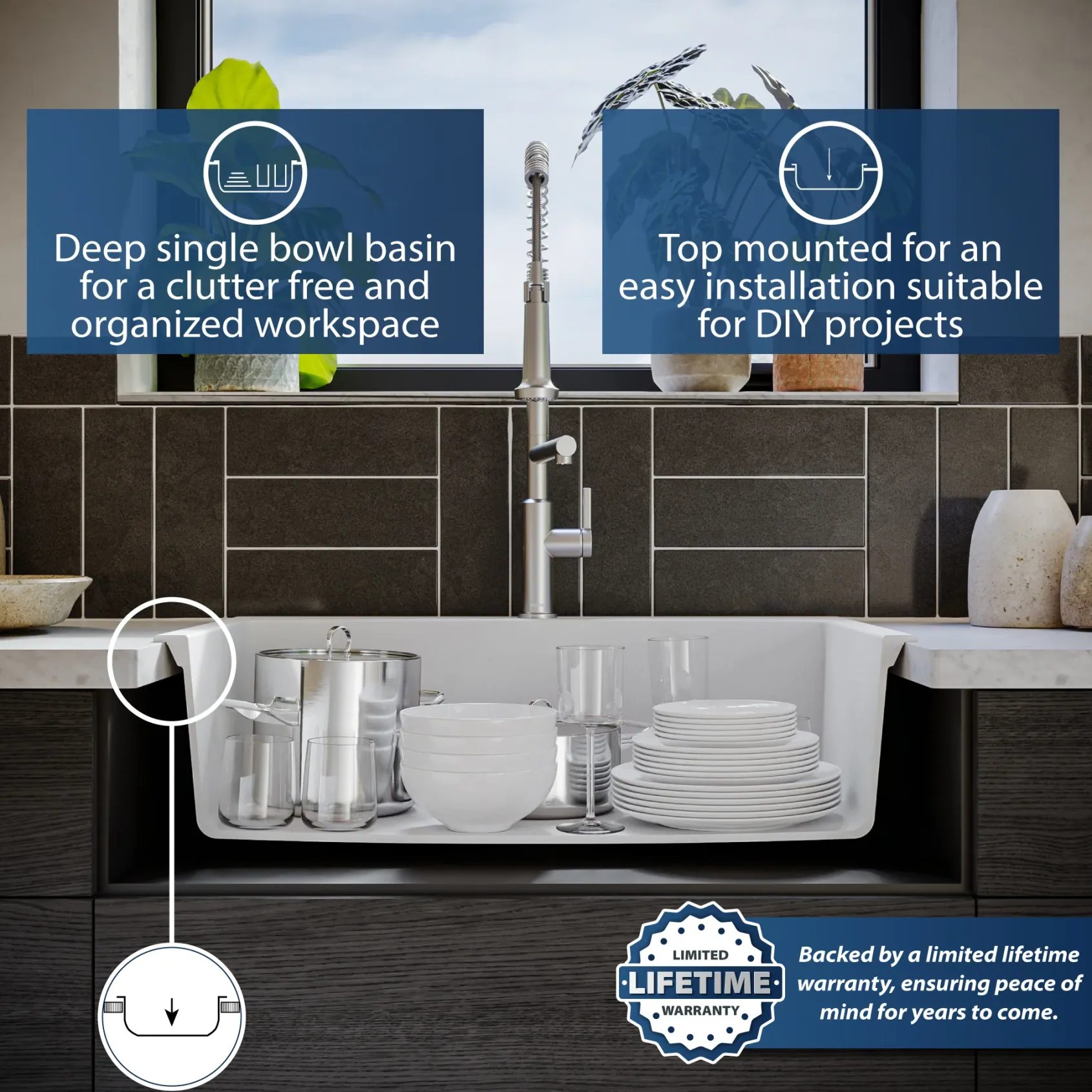Karran 33" Drop In/Topmount Quartz Composite Kitchen Sink, White, QT-712-WH