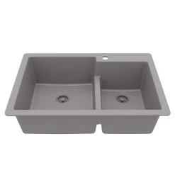 Karran 33" Drop In/Topmount Quartz Composite Kitchen Sink, 60/40 Double Bowl, Grey, QT-811-GR