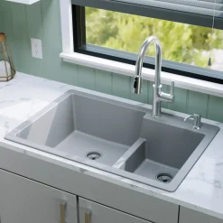 Karran 33" Drop In/Topmount Quartz Composite Kitchen Sink, 60/40 Double Bowl, Grey, QT-811-GR