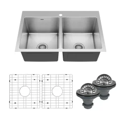 Karran 33" Drop In/Topmount Stainless Steel Kitchen Sink, 50/50 Double Bowl, 16 Gauge, EL-35-PK1