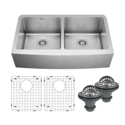 Karran Elite 36" Stainless Steel Farmhouse Sink with Accessories, 50/50 Double Bowl, 16 Gauge, EL-88-PK1