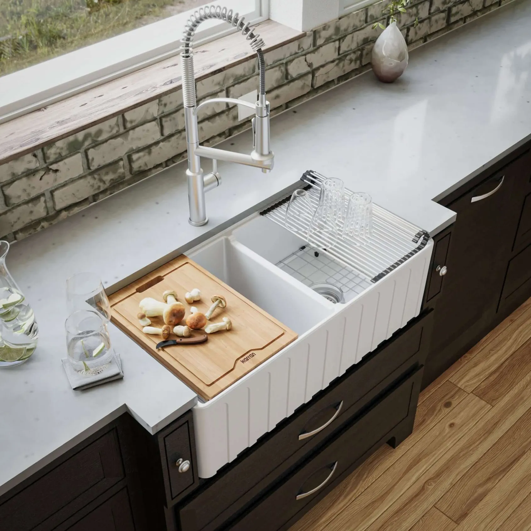 Karran Fireclay 33" Fireclay Workstation Farmhouse Sink with Accessories, 60/40 Double Bowl, White, FCWSF33DBWH-PK1
