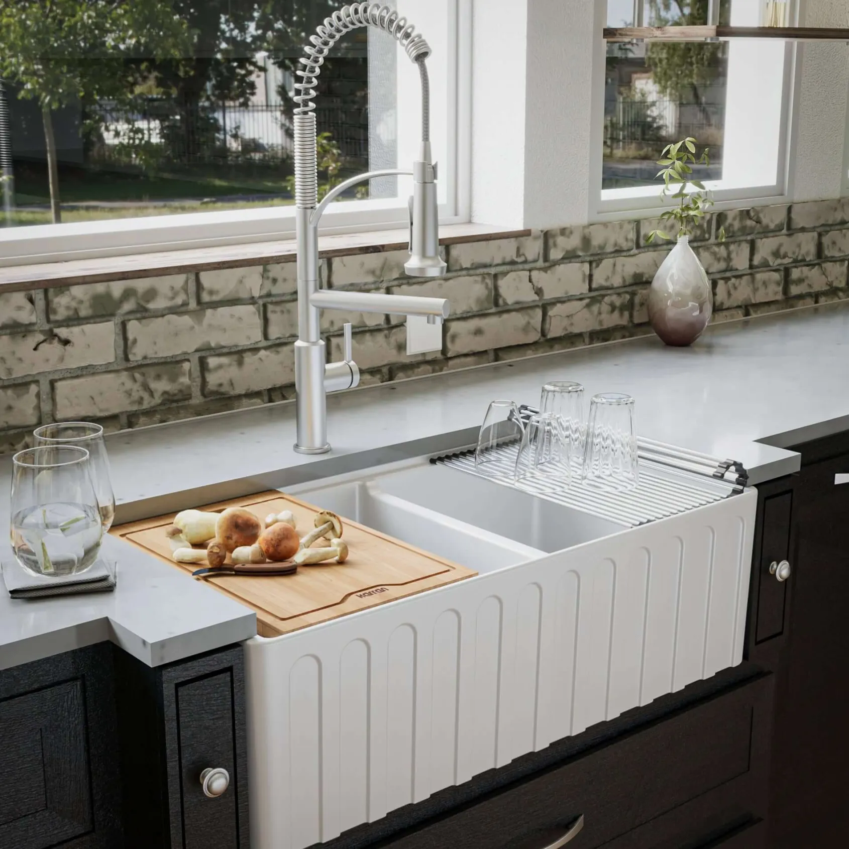 Karran Fireclay 33" Fireclay Workstation Farmhouse Sink with Accessories, 60/40 Double Bowl, White, FCWSF33DBWH-PK1