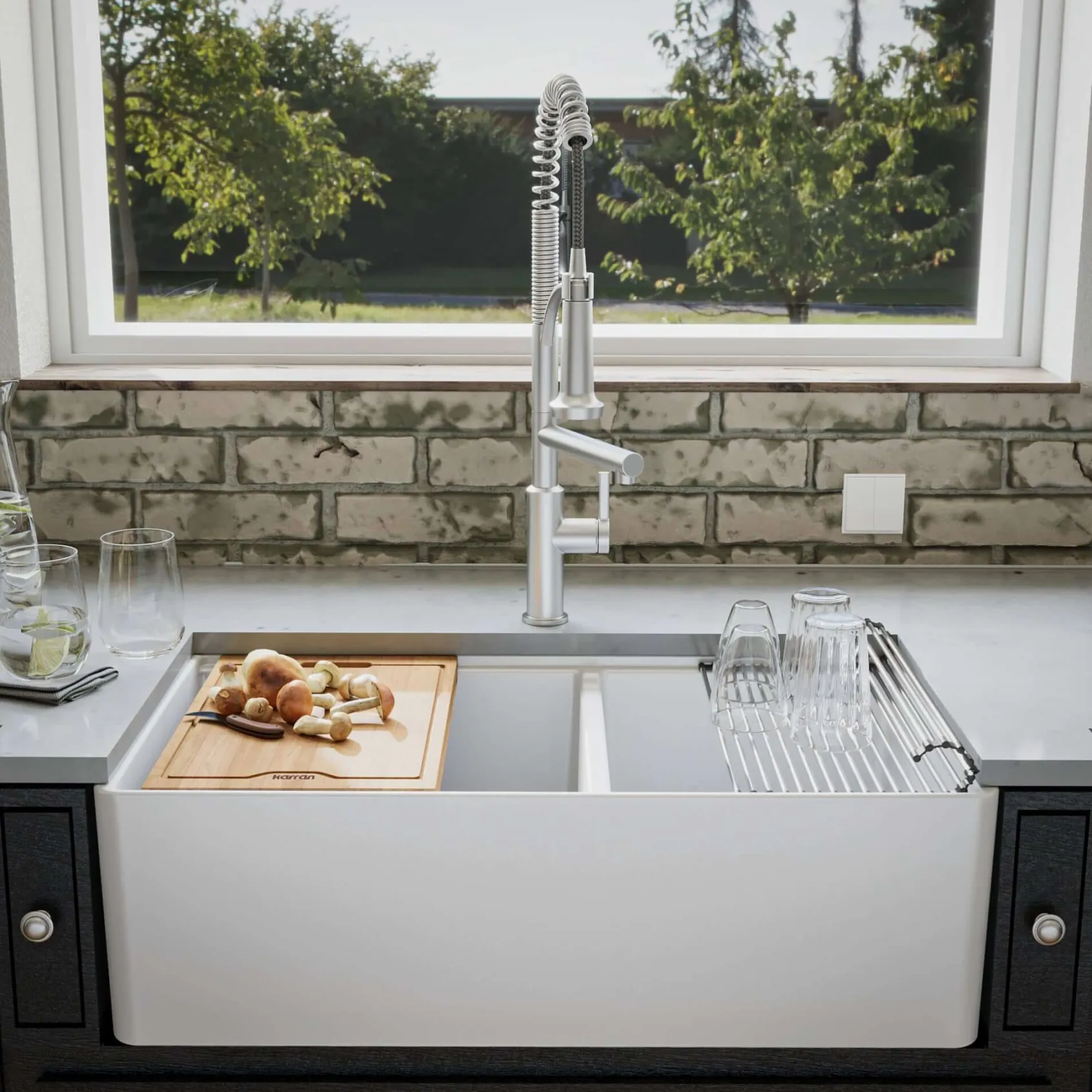 Karran Fireclay 33" Fireclay Workstation Farmhouse Sink with Accessories, 60/40 Double Bowl, White, FCWSF33DBWH-PK1