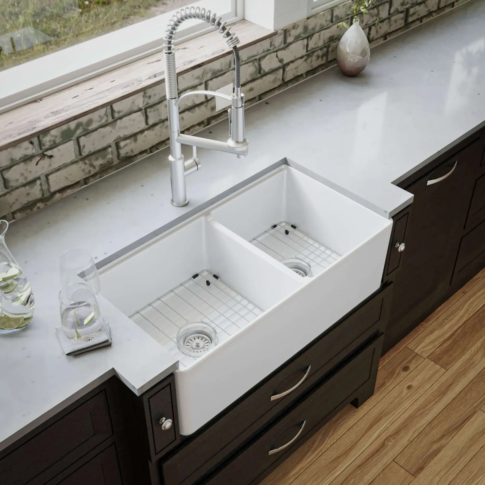 Karran Fireclay 33" Fireclay Workstation Farmhouse Sink with Accessories, 60/40 Double Bowl, White, FCWSF33DBWH-PK1