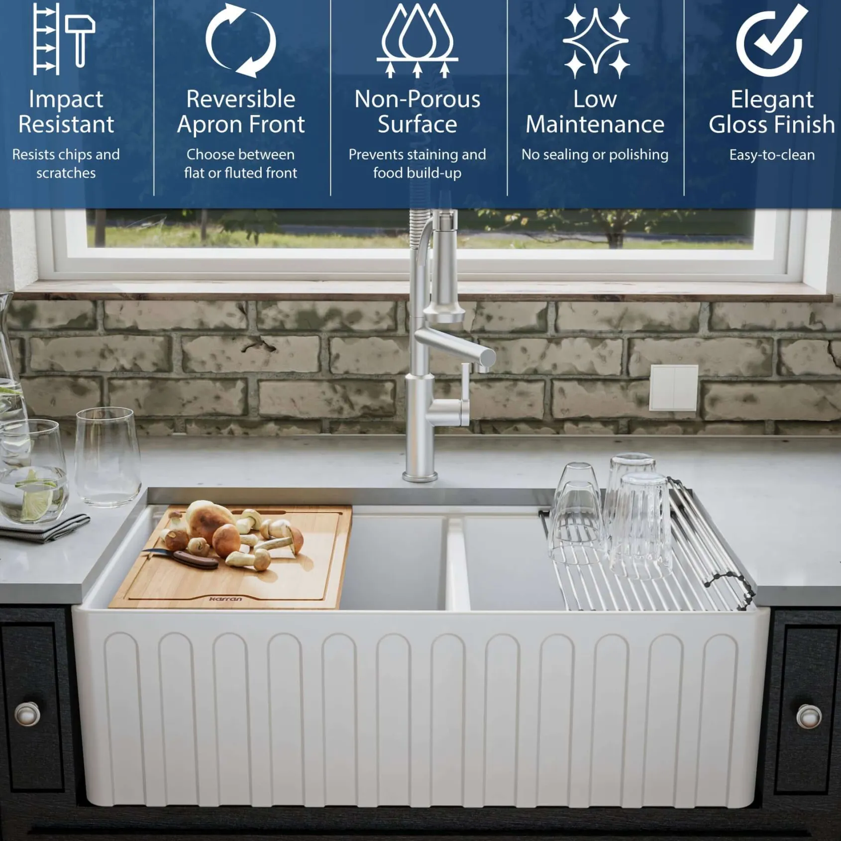 Karran Fireclay 33" Fireclay Workstation Farmhouse Sink with Accessories, 60/40 Double Bowl, White, FCWSF33DBWH-PK1