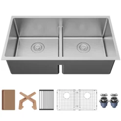 Karran Fusion 33" Undermount Stainless Steel ADA Workstation Kitchen Sink with Accessories, 50/50 Double Bowl, 16 Gauge, UUMDB3322-PK1