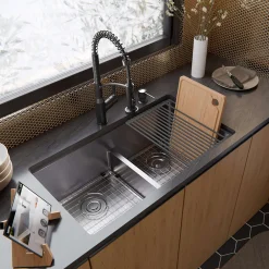 Karran Fusion 33" Undermount Stainless Steel ADA Workstation Kitchen Sink with Accessories, 50/50 Double Bowl, 16 Gauge, UUMDB3322-PK1