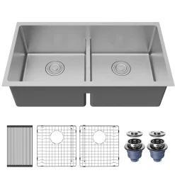 Karran Fusion 33" Undermount Stainless Steel ADA Kitchen Sink with Accessories, 50/50 Double Bowl, 16 Gauge, UUMDB3321-PK1