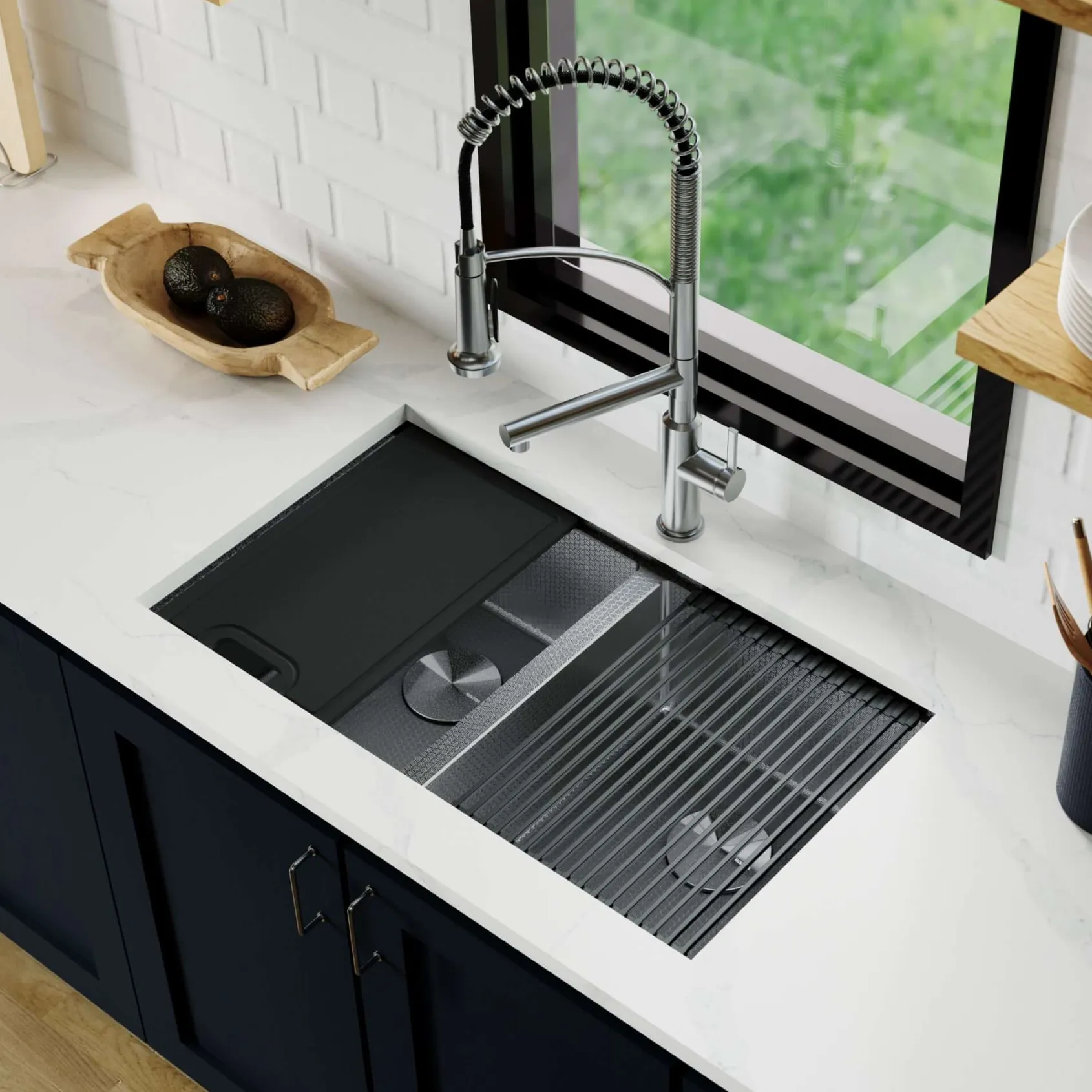 Karran Matrix 32" Undermount Stainless Steel Workstation Kitchen Sink with Accessories, 50/50 Double Bowl, Gunmetal Grey, 16 Gauge, HSU3219DBGG