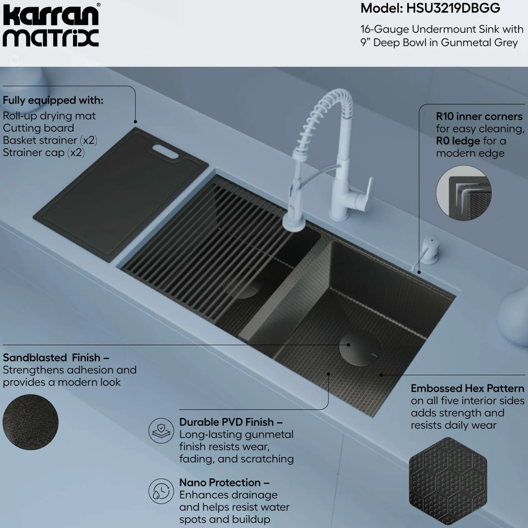 Karran Matrix 32" Undermount Stainless Steel Workstation Kitchen Sink with Accessories, 50/50 Double Bowl, Gunmetal Grey, 16 Gauge, HSU3219DBGG