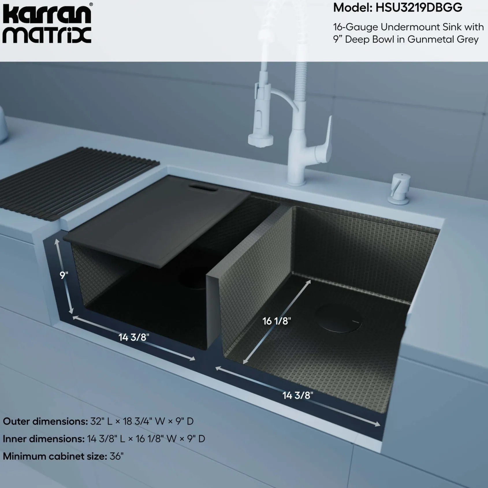 Karran Matrix 32" Undermount Stainless Steel Workstation Kitchen Sink with Accessories, 50/50 Double Bowl, Gunmetal Grey, 16 Gauge, HSU3219DBGG