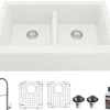 Karran 34" Quartz Composite Farmhouse Sink with Stainless Steel Faucet and Accessories, 50/50 Double Bowl, White, QA750WH220SS