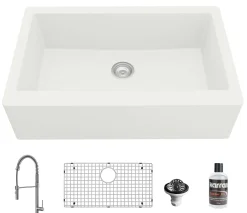 Karran 34" Quartz Composite Farmhouse Sink with Stainless Steel Faucet and Accessories, White, QA740WH220SS