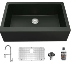 Karran 34" Quartz Composite Farmhouse Sink with Stainless Steel Faucet and Accessories, Black, QA740BL220SS