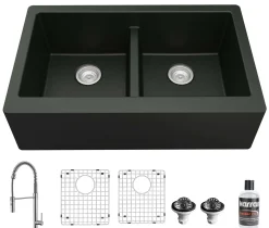 Karran 34" Quartz Composite Farmhouse Sink with Stainless Steel Faucet and Accessories, 50/50 Double Bowl, Black, QA750BL220SS