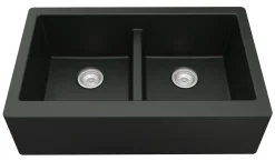 Karran 34" Quartz Composite Farmhouse Sink with Stainless Steel Faucet and Accessories, 50/50 Double Bowl, Black, QA750BL220SS