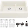 Karran 34" Quartz Composite Farmhouse Sink, 60/40 Double Bowl, White, QA-760-WH-PK1