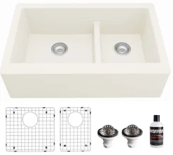 Karran 34" Quartz Composite Farmhouse Sink, 60/40 Double Bowl, White, QA-760-WH-PK1