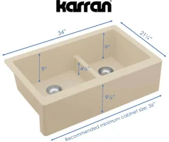 Karran 34" Quartz Composite Farmhouse Sink, 60/40 Double Bowl, Bisque, QA-760-BI