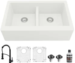 Karran 34" Quartz Composite Farmhouse Sink with Matte Black Faucet and Accessories, 50/50 Double Bowl, White, QA750WH210MB
