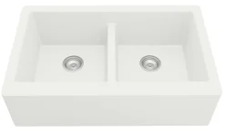 Karran 34" Quartz Composite Farmhouse Sink with Matte Black Faucet and Accessories, 50/50 Double Bowl, White, QA750WH210MB