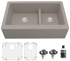 Karran 34" Quartz Composite Farmhouse Sink, 60/40 Double Bowl, Concrete, QA-760-CN-PK1
